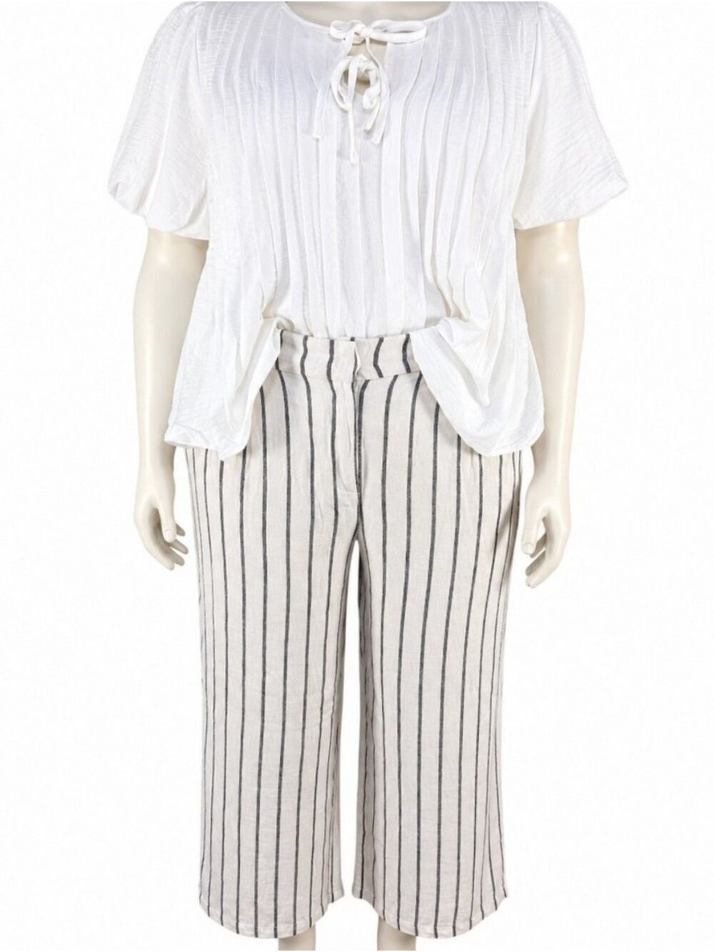 Dex Linen Blend White Black Stripe Wide Leg Crop Pants Pleated Coastal XL NWT - Picture 2 of 10